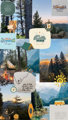 a collage of photos with mountains and trees in the background