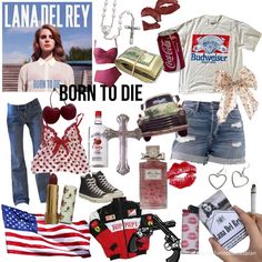 a collage of items from lana del ray's movie born to die, including clothing, shoes, and jewelry