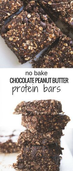 no bake chocolate peanut butter protein bars stacked on top of each other with text overlay