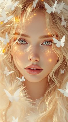 a beautiful blonde girl with butterflies around her head