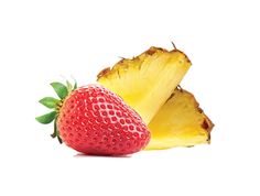 two pieces of pineapple next to a strawberry on a white background with one cut in half