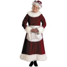 an older woman dressed in a santa claus outfit and holding a white bag with fur on it