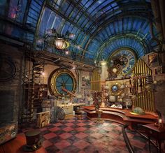 an artistic rendering of a steampunk office