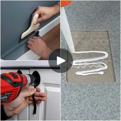 three pictures showing how to install the door handle on an open cabinet and then attach it with a screwdriver