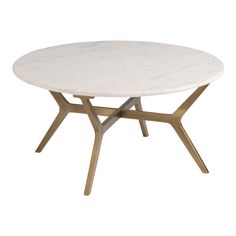 a white table with gold legs and a round marble top, on a white background