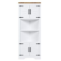 a white cabinet with two doors and three shelves on the bottom, in front of a white background