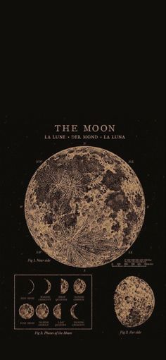 the moon and its phases are shown in this black poster with gold foil on it