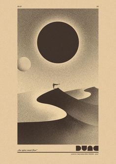 a poster with an image of a person standing on top of a hill in front of the sun