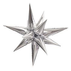 a shiny silver star ornament on a white background