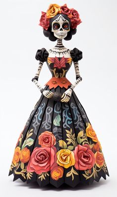 a paper doll wearing a black dress with roses on it's chest and head