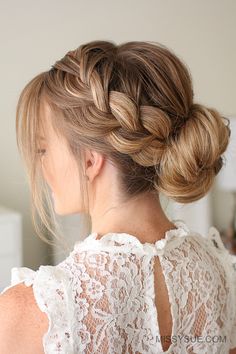 The french braid, pulled loose so it stands out combined with a low bun is a great style to have in your beauty routine. I love it for everyday but it’s also a great style for work at the office or out for a special… French Braid Buns, Mother Of The Groom Hairstyles, Low Bun Hairstyles, Braided Bun Hairstyles, Flower Girl Hairstyles, Wedding Hair Inspiration, Low Bun, Braided Bun