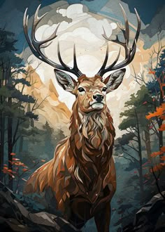 a painting of a deer in the woods