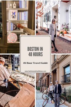 the boston in 48 hours travel guide is shown with photos of people walking and riding bikes