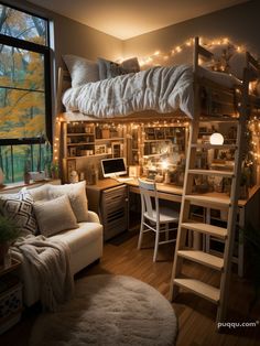 a loft bed with lights strung from the ceiling, and a desk in front of it