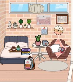 a room with a bed, desk and various items on the floor in front of a brick wall