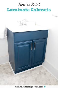 a bathroom vanity with the words how to paint laminate cabinets