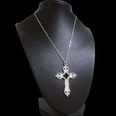 Silver-tone Cross Pendant with Black Crystal Center.  Stainless Steel Chain.  Chain Extender for size adjustment.  Lobster Clasp Closure.  CB159  #CROSS #necklace #gothic jewelry accessories fashion punk #crossearrings #newjewelry new gift goth crosses silver antique Ornate New Rhinestone alternative Victorian Dark handmade Catholic Christian Cheap Black Cross Jewelry, Cheap Black Crucifix Necklace, Cheap Black Crucifix Jewelry, Cheap Black Cross Necklace, Black Cross Necklace Png, Big Cross Necklace, Christian Cross Necklace, Silver Jewlery, Goth Necklace