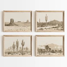 four framed pictures hanging on the wall in front of a white wall with desert scene