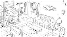 a black and white drawing of a living room