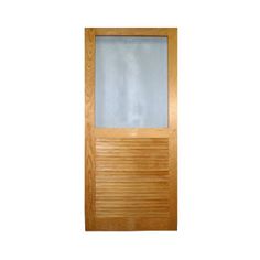 a wooden door with clear glass on the top and bottom paneled in light wood