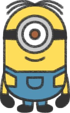 a yellow and blue minion with big eyes