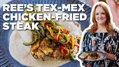 a woman standing next to a plate of food with the words reese's tex - mex chicken - fried steak on it