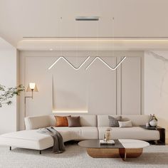 a modern living room with white furniture and lighting