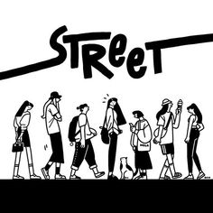 black and white drawing of people walking down the street, one man is talking on his cell phone