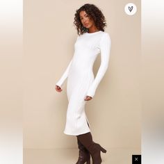 Lulus White Sweater Dress. Size Large. Never Worn-On Lulus For $62 Can’t Return Due To Having It For More Than 30 Days. Smoke Free Home. White Sweater Dress, Bodycon Sweater, Bodycon Sweater Dress, Winter Dress Outfits, Ribbed Sweater Dress, Lulu Fashion, Trendy Winter, Thick Sweaters, Kick Pleat