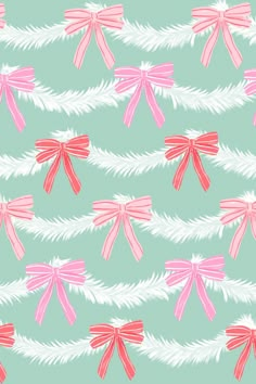 pink bows and white feathers on a green background seamless wallpaper with christmas tree branches