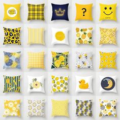 a collection of yellow and white pillows with different designs