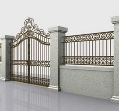 an iron fence with two gates on each side and another gate to the other side