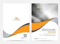 a brochure design with an orange and grey wave on the front, black and white background