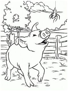 a black and white drawing of a pig in a fenced in area with trees