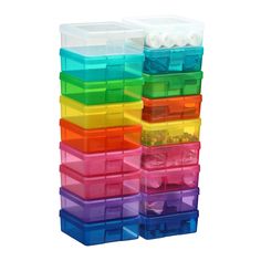 multicolored plastic storage containers stacked on top of each other