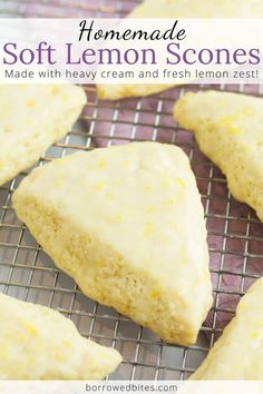 homemade soft lemon scones on a cooling rack with text overlay that reads homemade soft lemon scones made with heavy cream and fresh lemon zest