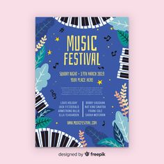 a music festival poster with piano keys and leaves on the front, against a pink background