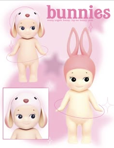 an image of a doll with bunny ears on it's head and body, in three different poses