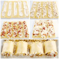 four different stages of how to make lasagna shells with cheese and sauces