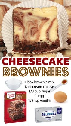 an advertisement for cheesecake brownies with chocolate and cream on the bottom, next to eggs