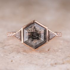 Salt and Pepper Hexagon Diamond Engagement Ring Salt And Pepper Diamond Ring Hexagon, Salt And Pepper Diamond Engagement Rings, Digital Ring, Wing Wing, Hexagon Diamond Ring, Diamond Alternative Engagement Ring, Diamond Centerpiece, Hexagonal Ring, Tourmaline Engagement Ring