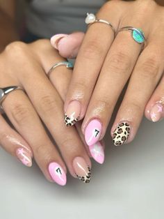 Super cute cheetah print nails with pink accents! From Nails_by_liv_ on instagram! How To Cheetah Print, Cheetah Nails With Rhinestones, Simple Nail Ideas Almond Shape Short, Cheetah Print Tip Nails, Pink Chetaprint Nails, Pink 20th Birthday Nails, Fall Nails Cute Design, Simple Girly Nail Designs, Nail Art Cheetah Print