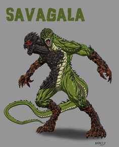 a green and black creature with the words savagala on it