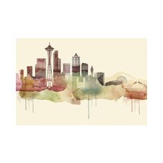 the seattle skyline is shown in watercolor