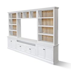 a white entertainment center with wooden shelves and drawers on each side, one door open to reveal a mirror