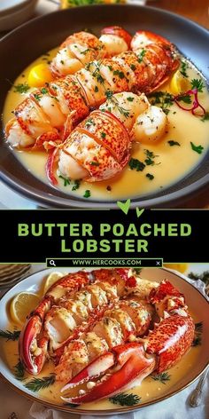 two pictures of lobsters and buttered lobster with lemon sauce