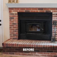 a fireplace with a brick mantle and fire place