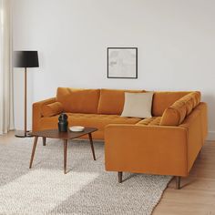 a living room with an orange couch and coffee table on the rug in front of it