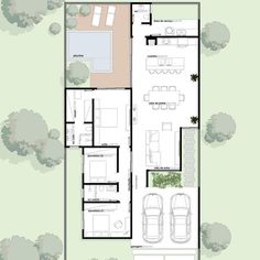 the floor plan for a house with two cars parked in front of it and an open area