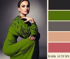 a woman in a green dress is posing for a color swatch with her hand on her hip